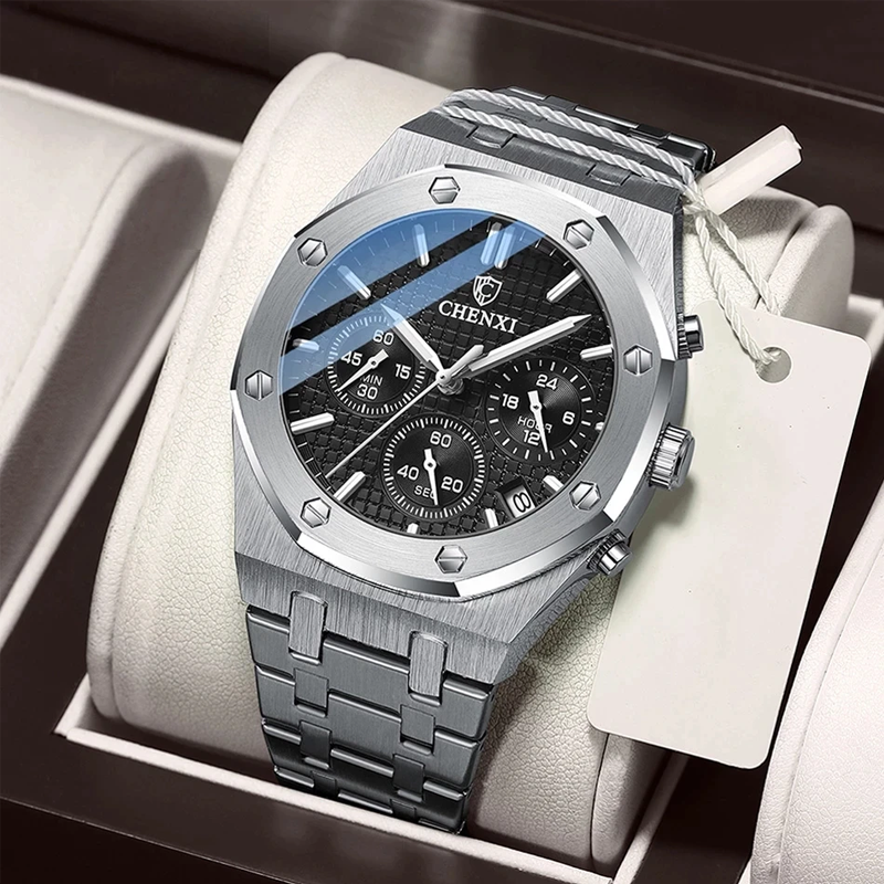 Chenxi CX0728 Chronograph Stainless Steel Sport Wristwatch Men Luminous Wristwatch (Silver Black)